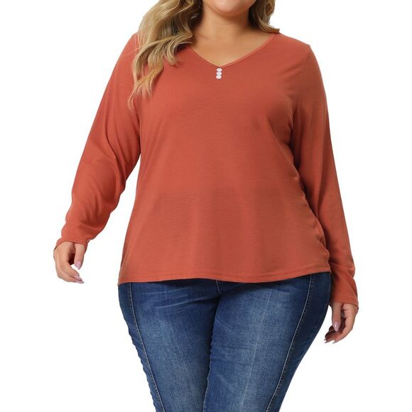 Plus Size Tshirt Women Casual Tops Button Front Long Sleeve Tee Top Orange - Picture 2 of 6